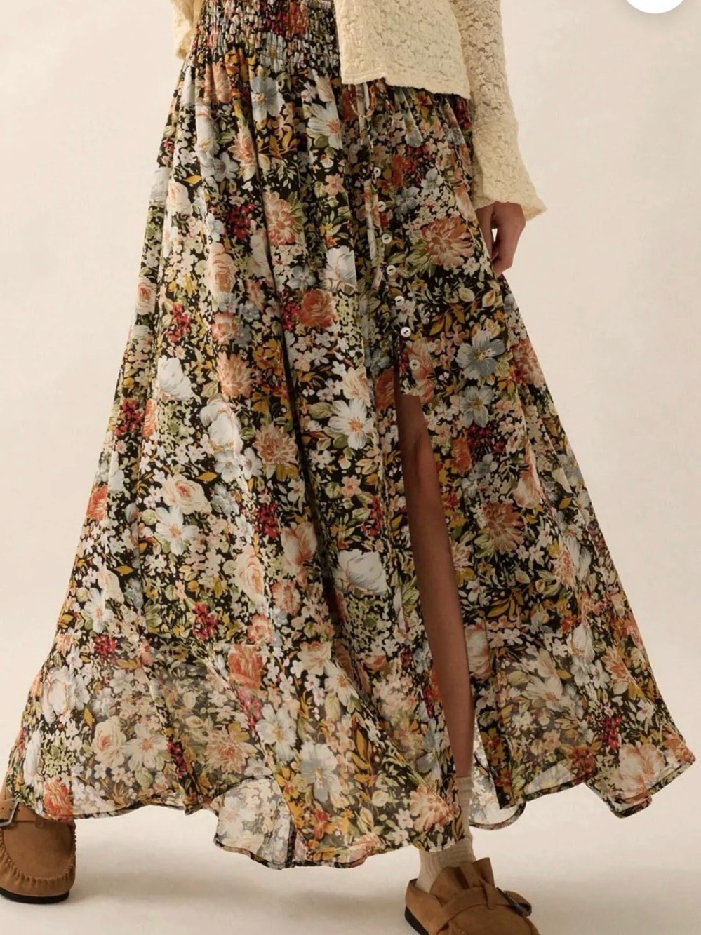 Promesa Black Floral Maxi Skirt with Front Slit